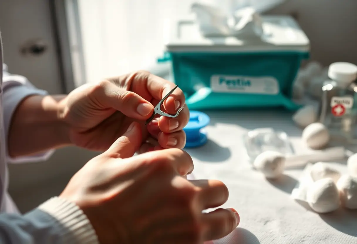 Soins de pédicure médicale, main en train de soigner un ongle incarné