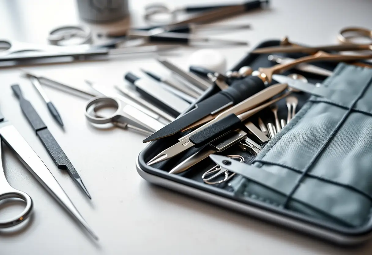 Un ensemble de instruments de podologie bien rangés sur une table propre