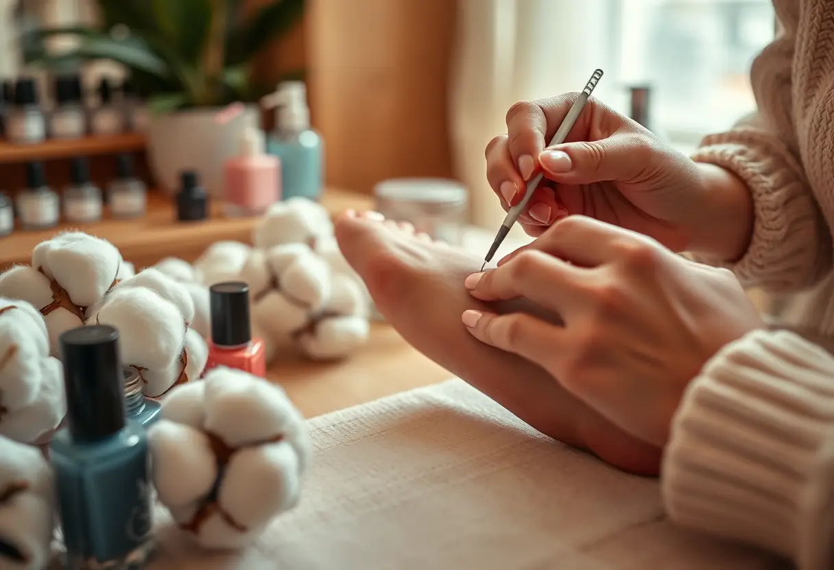 Mains appliquant du vernis sur un pied dans un salon de beauté