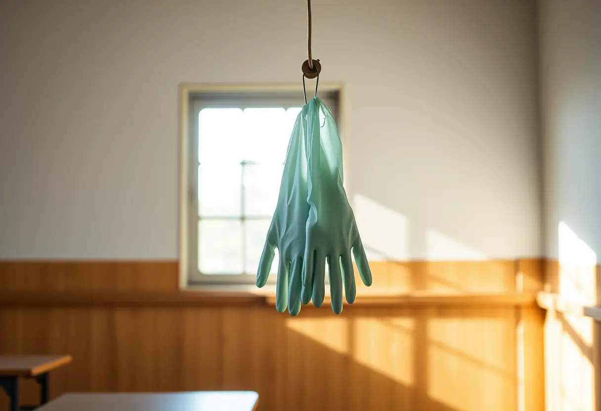 Des gants en latex accrochés au mur d'une salle de classe