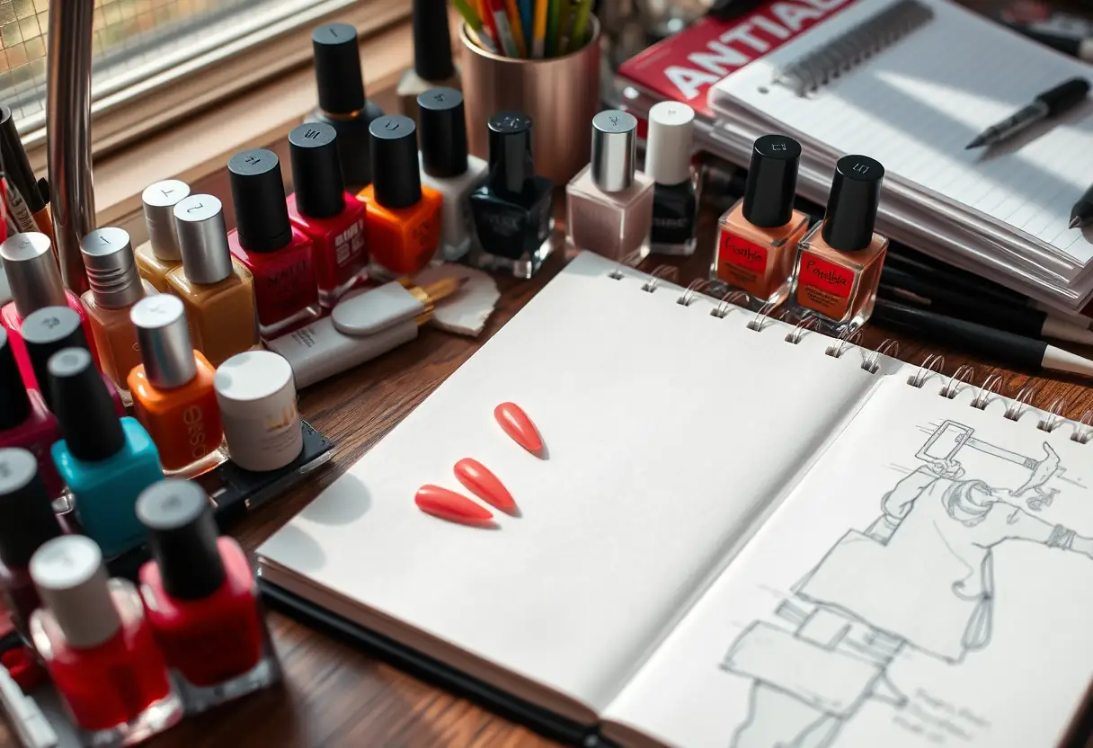 Un bureau bien rangé avec des bouteilles de vernis à ongles et des faux ongles en acrylique, Somme