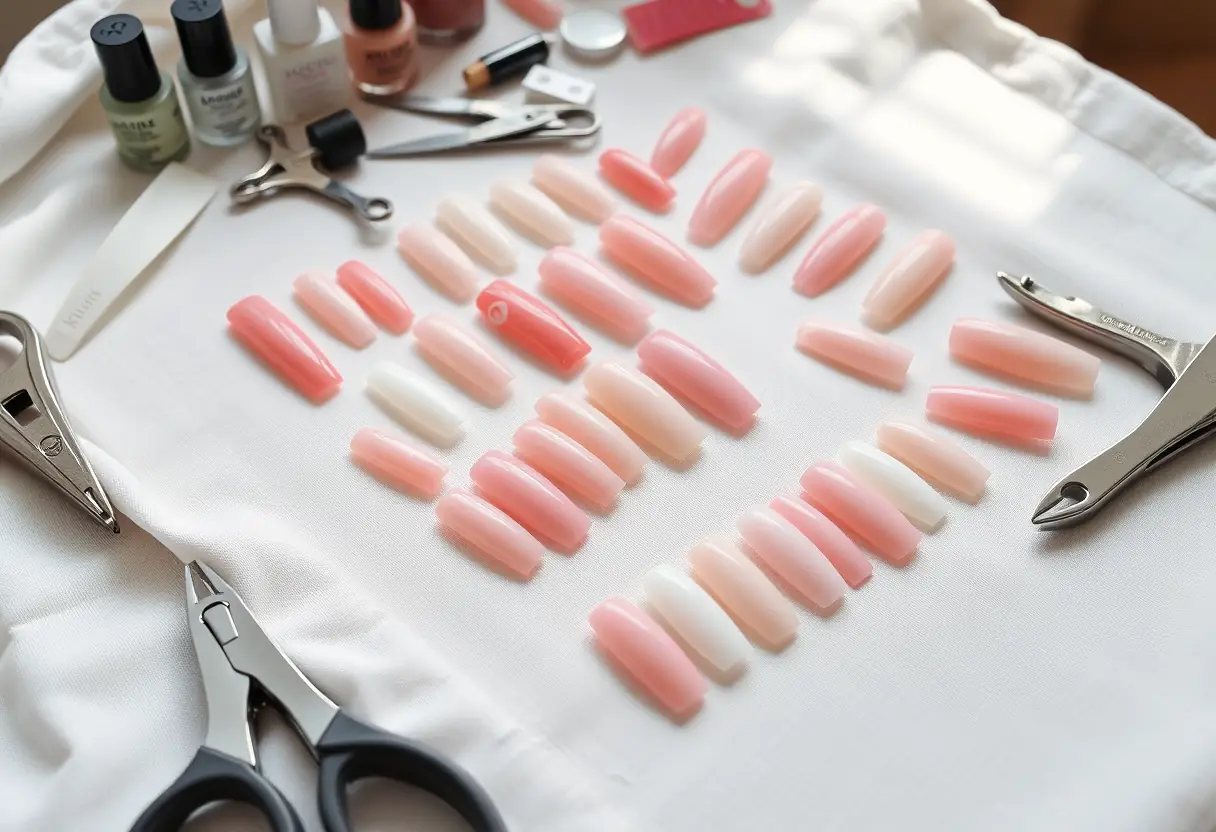 Ensemble de faux ongles bien rangés sur un tissu blanc entourés d'outils de manucure, lumière naturelle douce