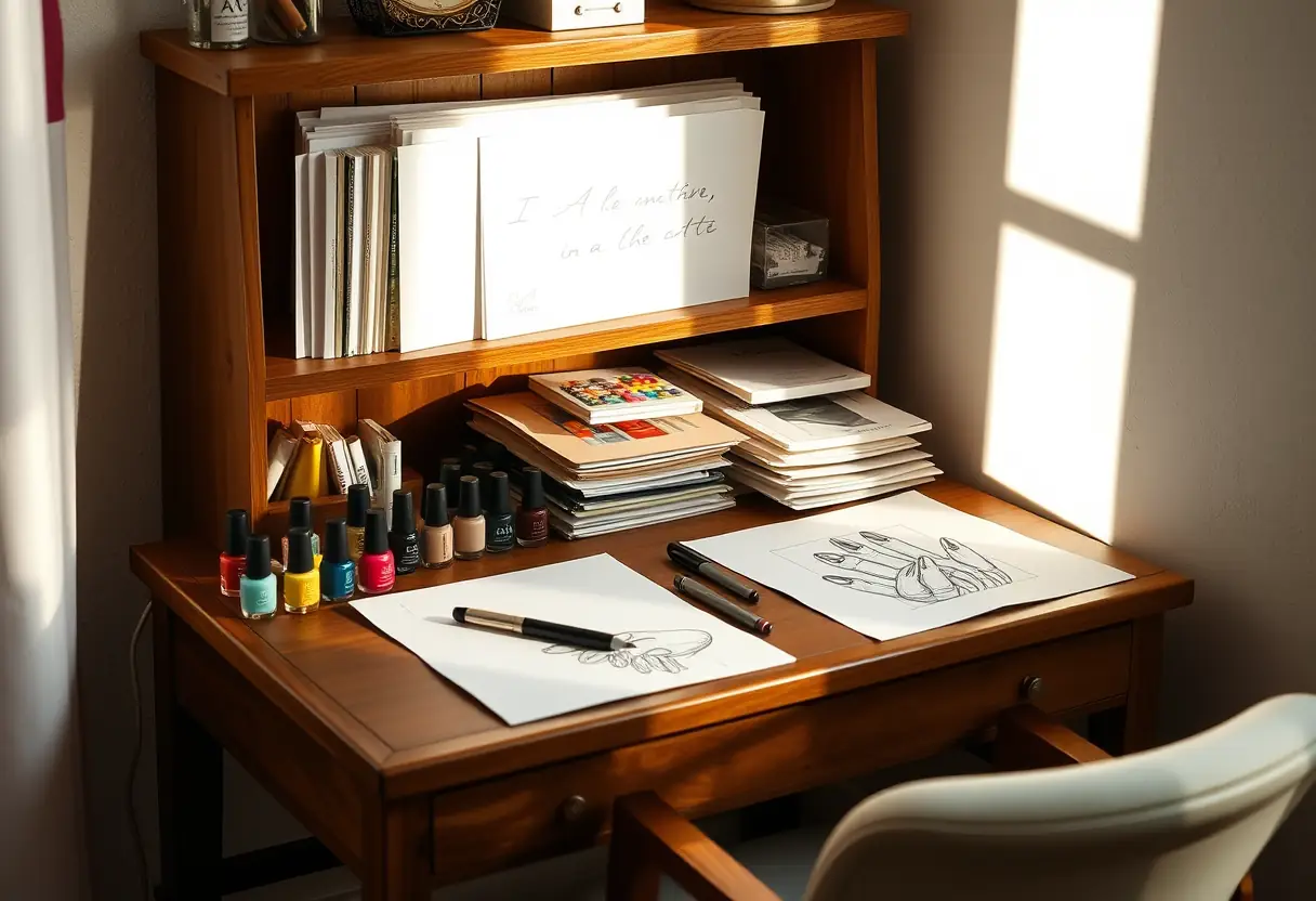 Bureau avec outils de prothèse ongulaire et esquisse d'art nail