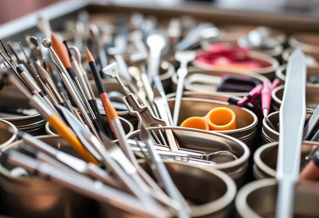 Outils de nail art rangés dans des boîtes métalliques