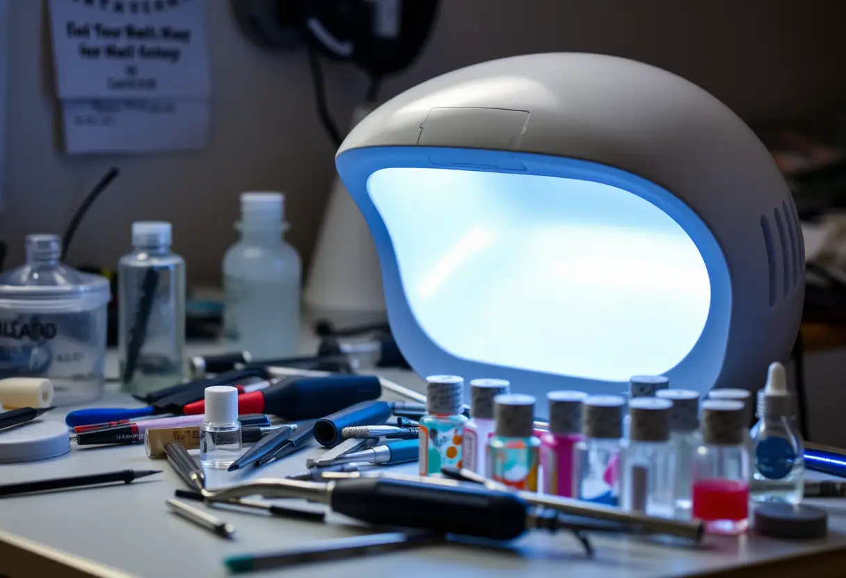 Lampe UV bien utilisée sur le bureau d'une esthéticienne, avec outils et bouteilles de vernis usés autour