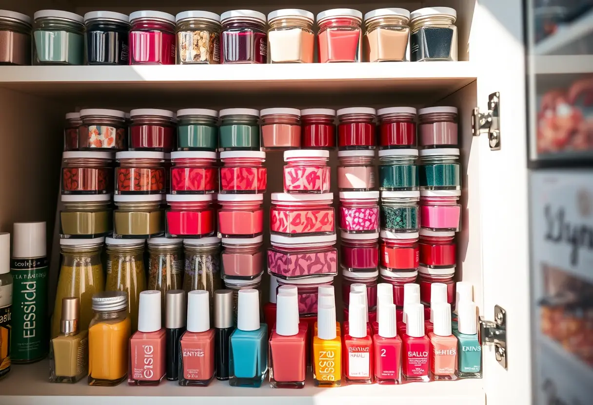 Un meuble de rangement bien organisé rempli de bocaux contenant des vernis à ongles colorés