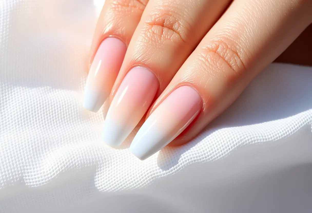 Des ongles acryliques avec un dégradé subtil de rose clair au bleu ciel