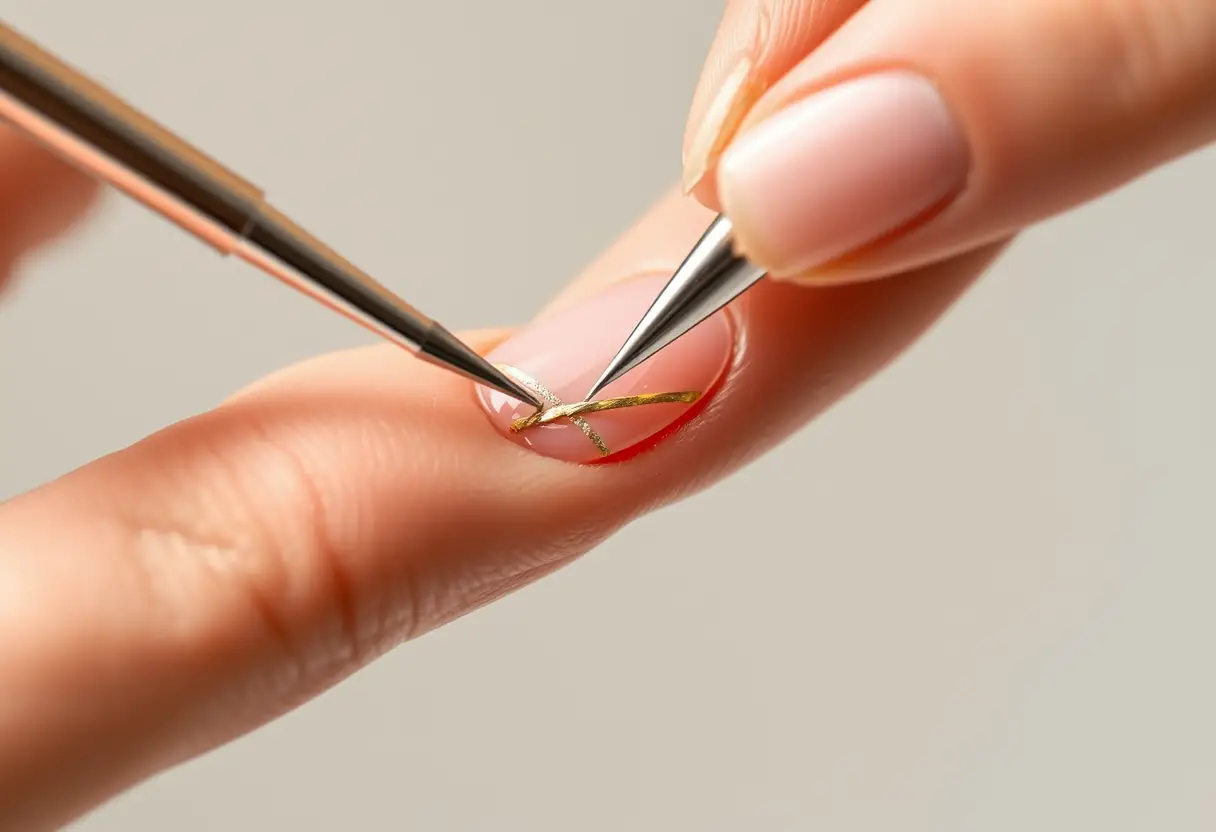 Une main experte appliquant une ligne d'or fine sur un ongle pour un nail art discret