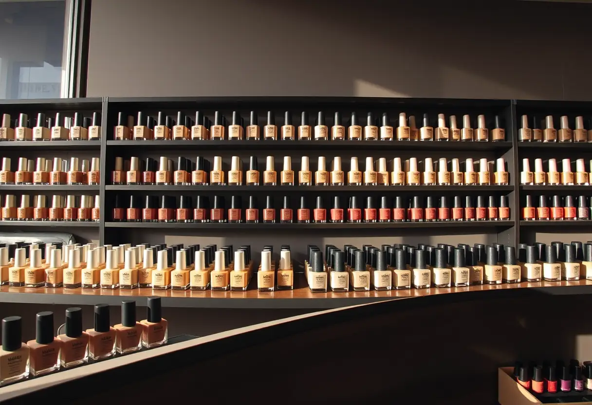 Étagère de vernis nudes dans un salon d'esthétique