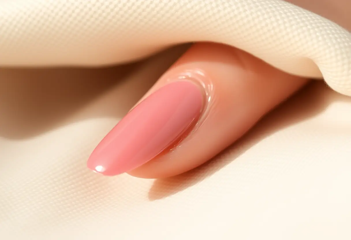Ongle vernis rose avec un sourire doré sur un tissu crème