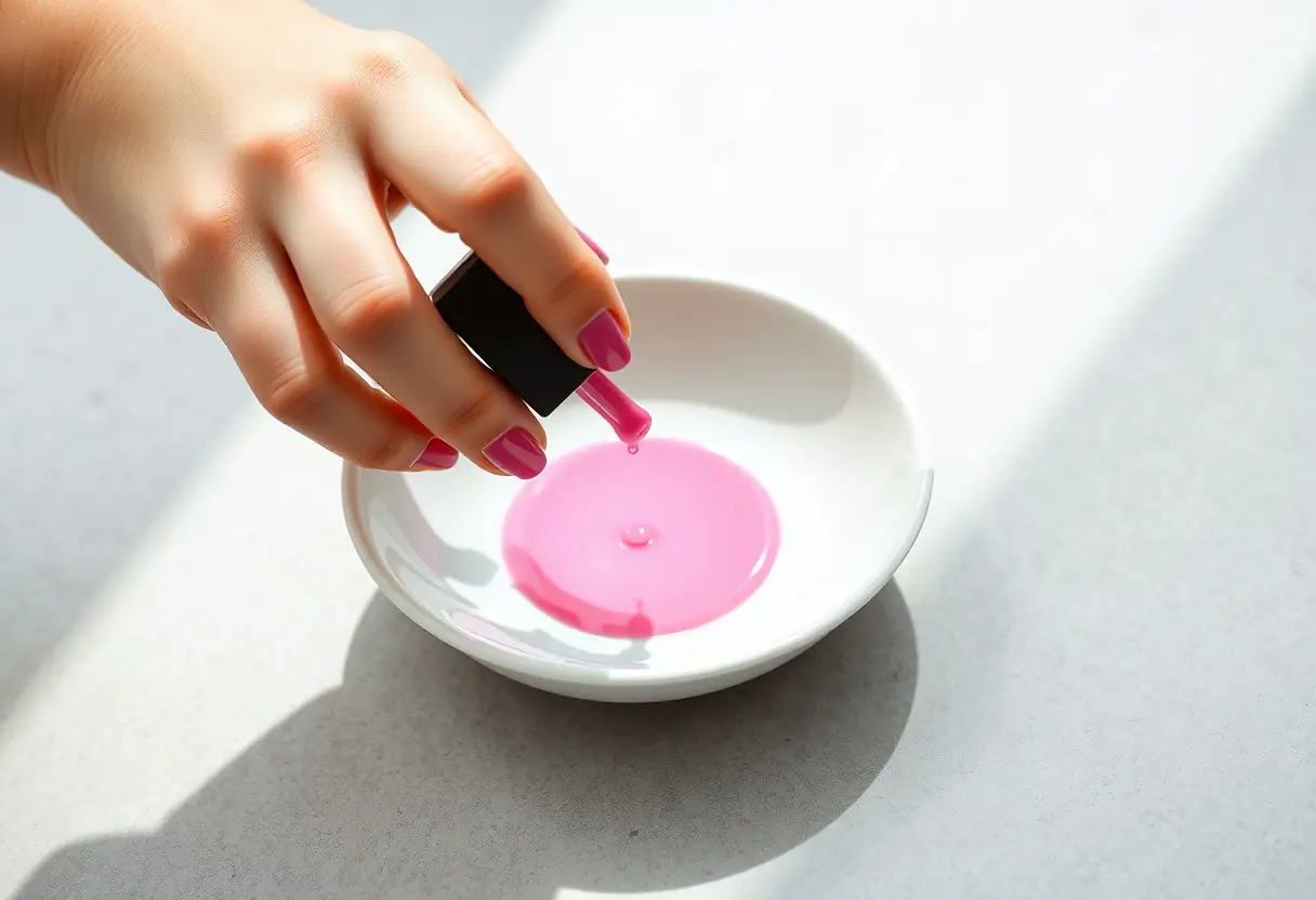 Main posant de l'ongle sur un bol en porcelaine