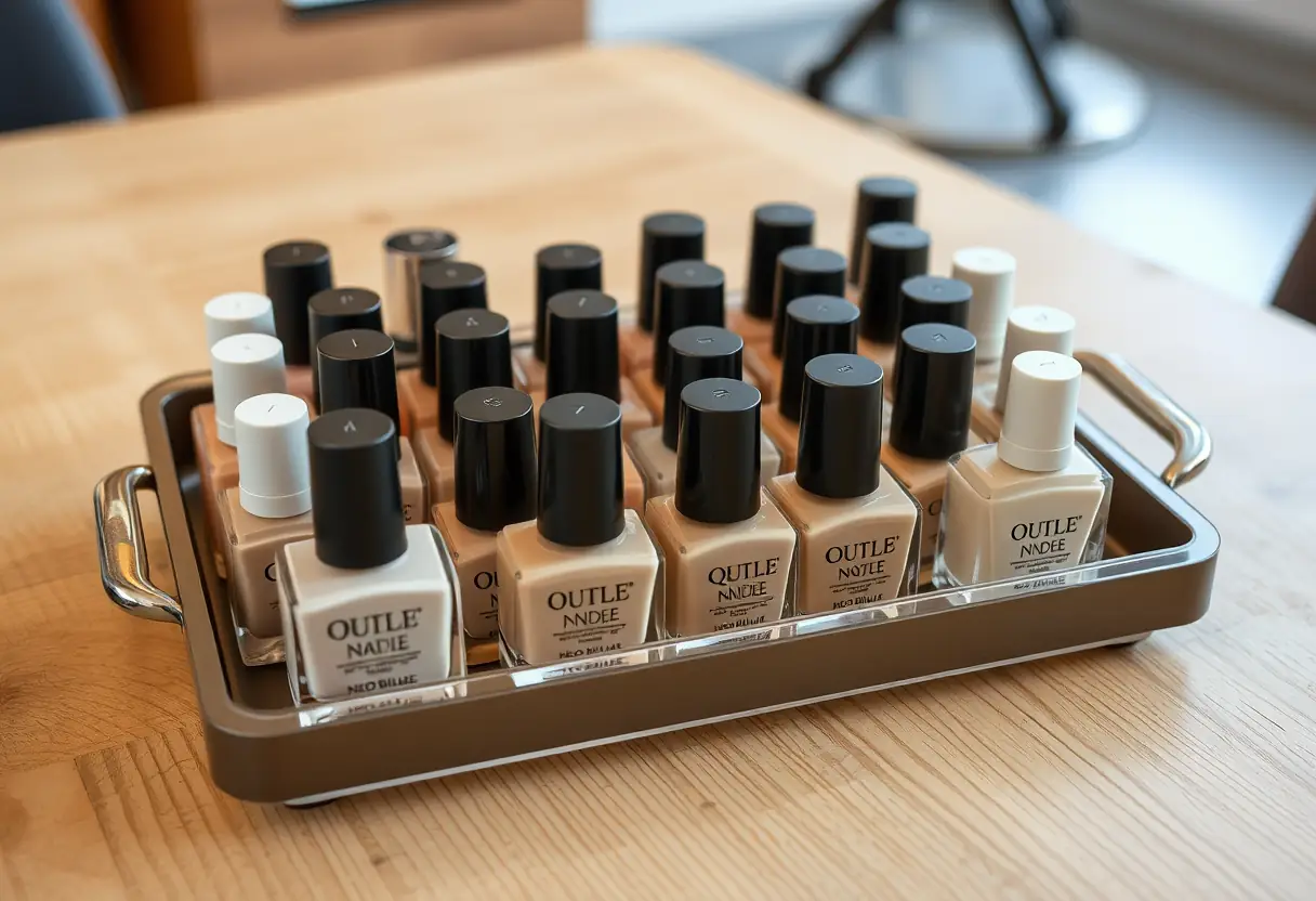 Palette de vernis nude et beiges disposés sur une table au salon de manucure discrète
