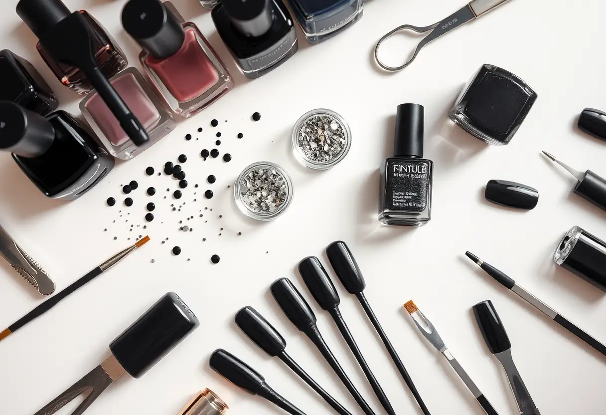 Espace de travail bien organisé avec vernis ongulaires sombres et poudres métalliques pour manucure d'hiver