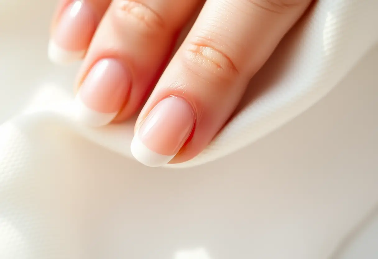Ongles en forme d'amande avec pointe française reposant sur un tissu blanc