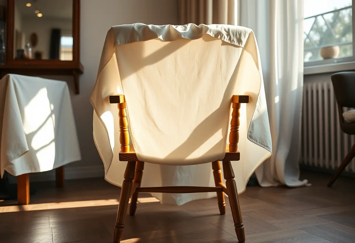 Une chaise en bois dans un salon, recouverte d'un linge blanc éclairé par la lumière du jour