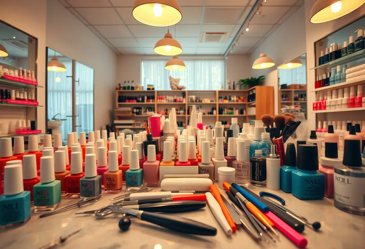 Comptoir de salon de coiffure avec bouteilles de vernis à ongles colorés et outils de manucure, éclairé naturellement