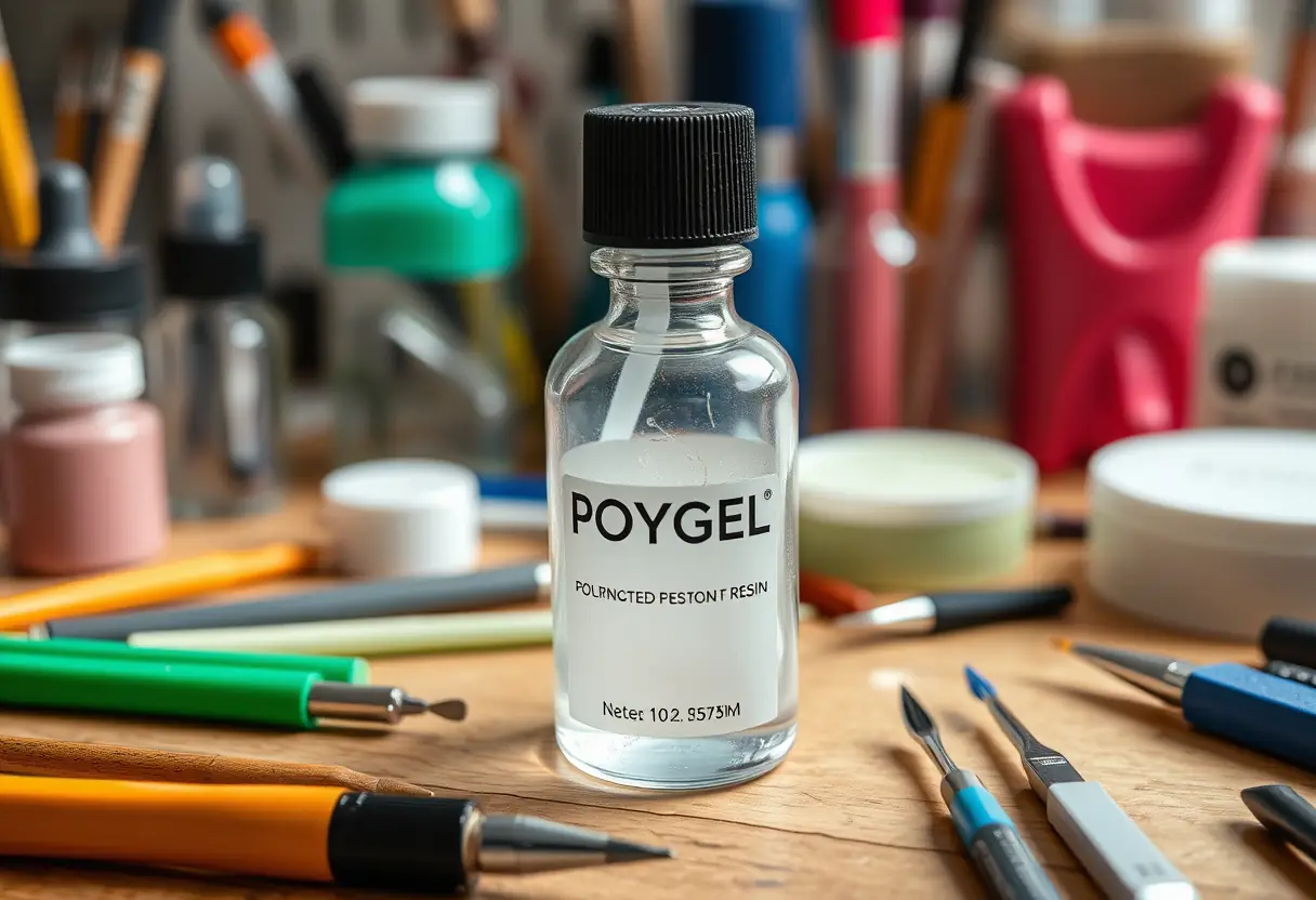 Une bouteille de résine polygel sur un bureau rempli d'outils de manucure, illustrant la précision nécessaire pour l'art des ongles