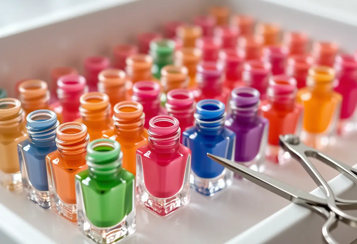 Un plateau de manucure avec des bouteilles de gels colorés et des ciseaux pour les ongles