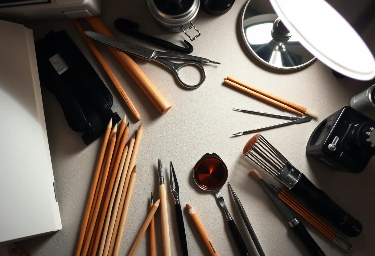 Un poste de travail de salon avec des outils pour les soins des ongles et une petite glace
