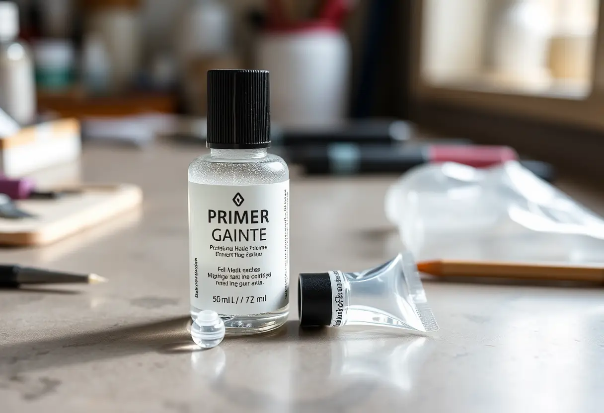 Un flacon de primer et un tube de polygel sur un bureau de travail, éclairés naturellement