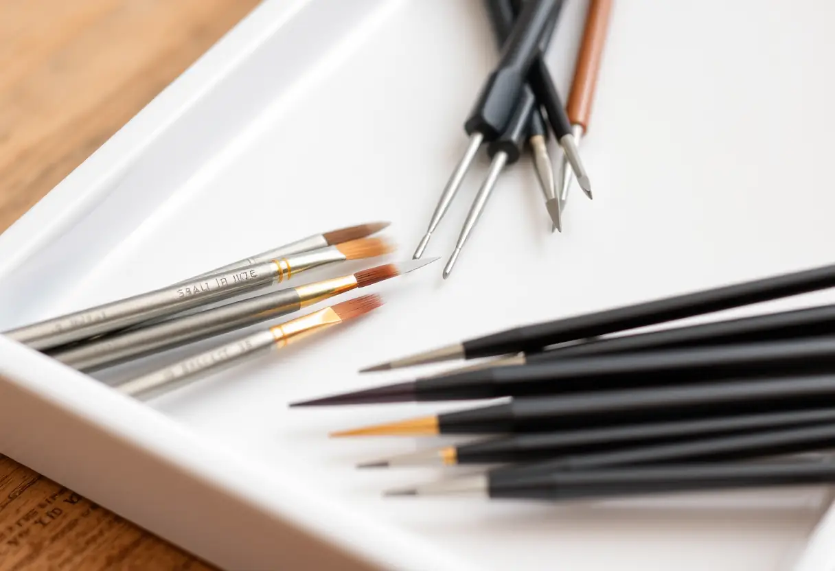 Outils bien rangés utilisés pour créer des designs d'ongles, salon de beauté