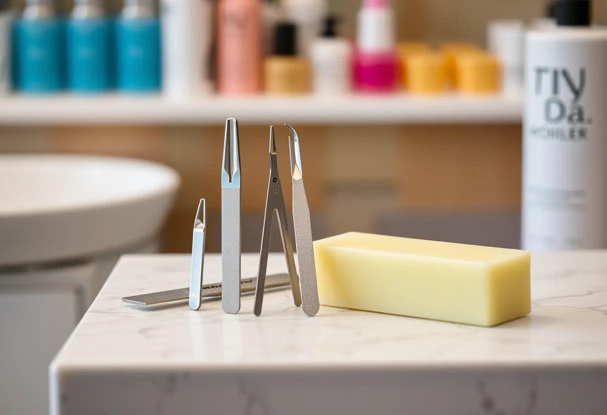 Outils de manucure sur le comptoir d'un salon de beauté, prêts à être utilisés