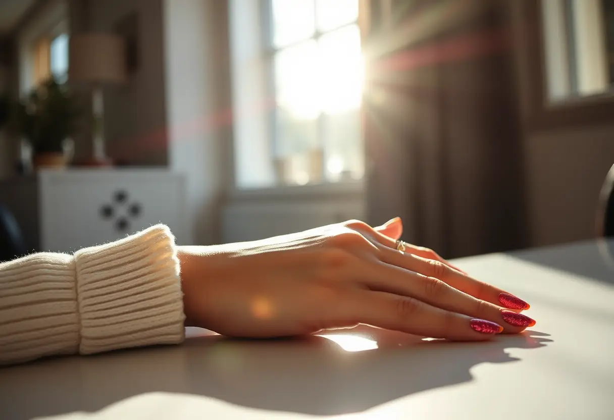 Main d'une cliente aux ongles glitter polygel sous la lumière du soleil