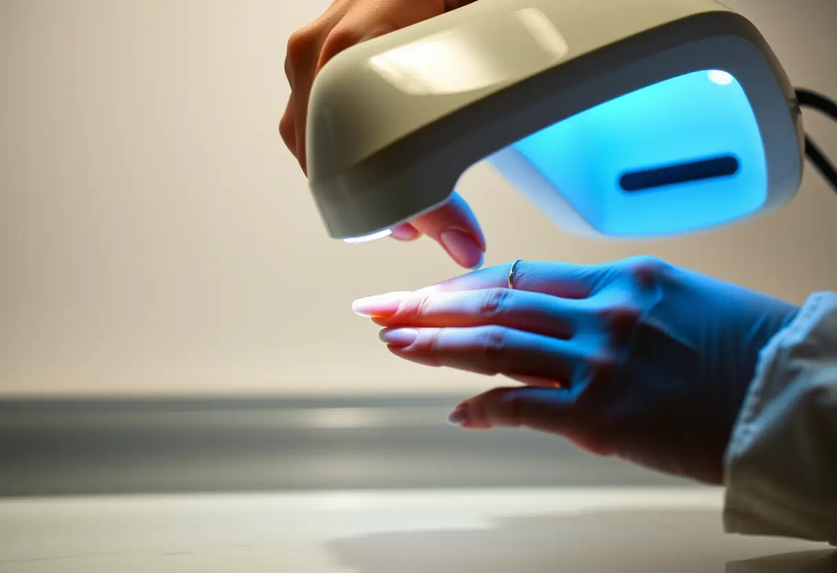 main technician handling UV lamp above nail polish