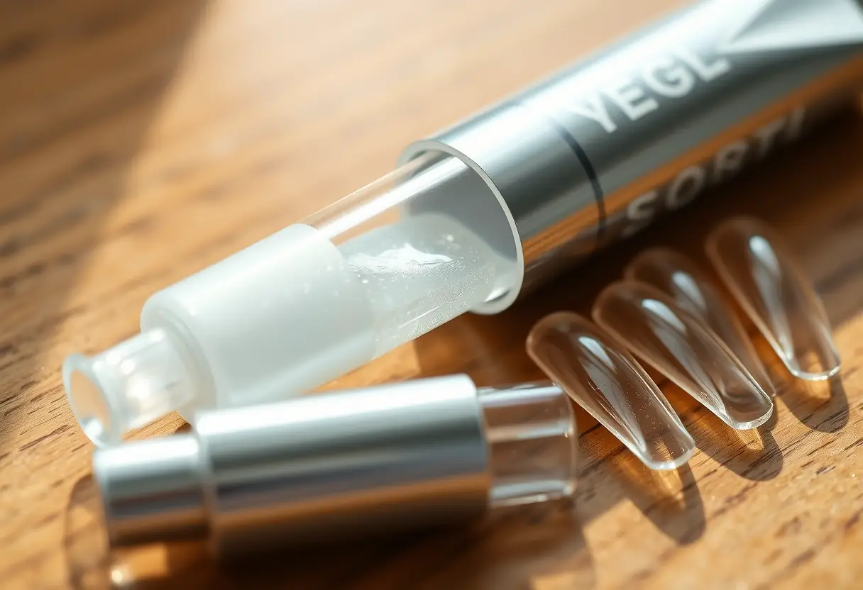 Un tube argenté contenant du polygel à côté de faux ongles en acrylique sur une table en bois