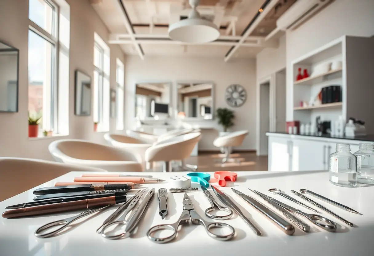 Vue d'ensemble d'un salon bien éclairé avec divers outils de manucure disposés en ordre sur une table, favorisant une prise en charge sécurisée des ongles