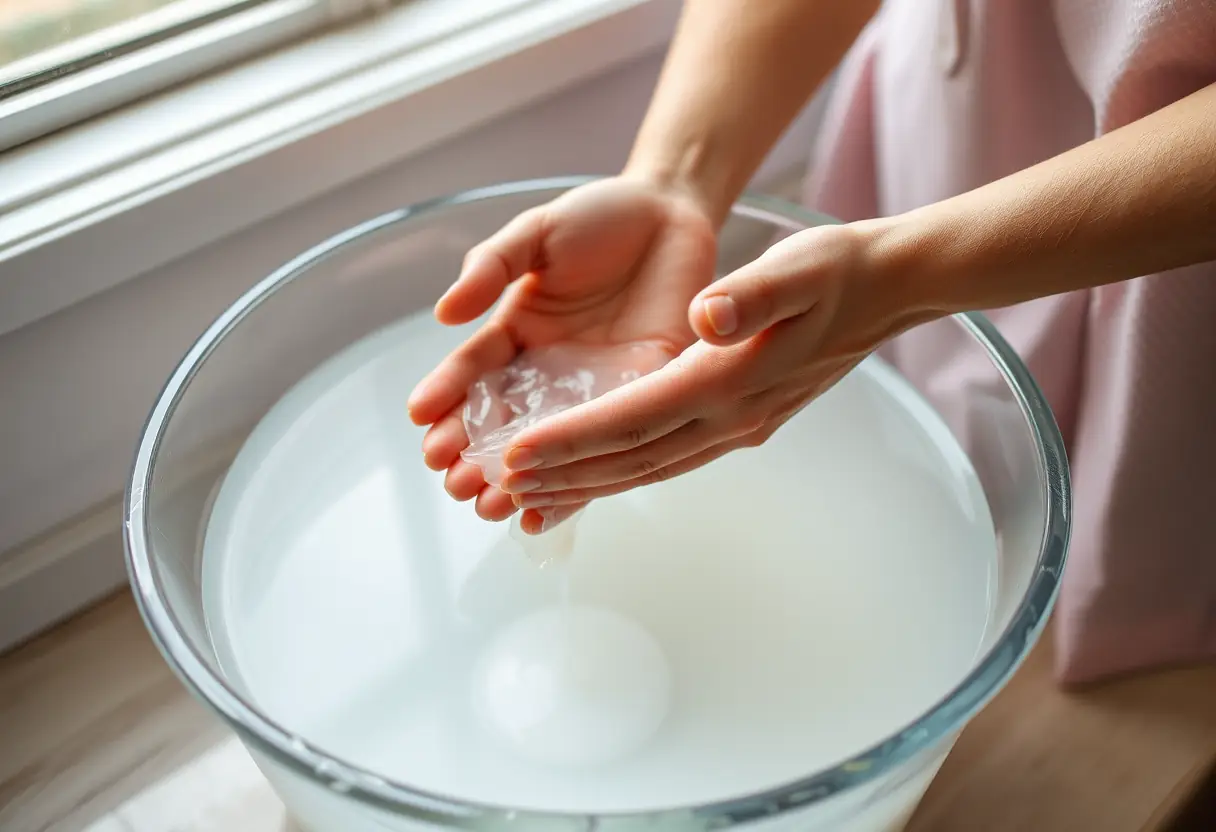 Une paire de mains plongées dans un récipient rempli d'acétone qui commence à assouplir les ongles en polygel, éclairées par une lumière naturelle douce