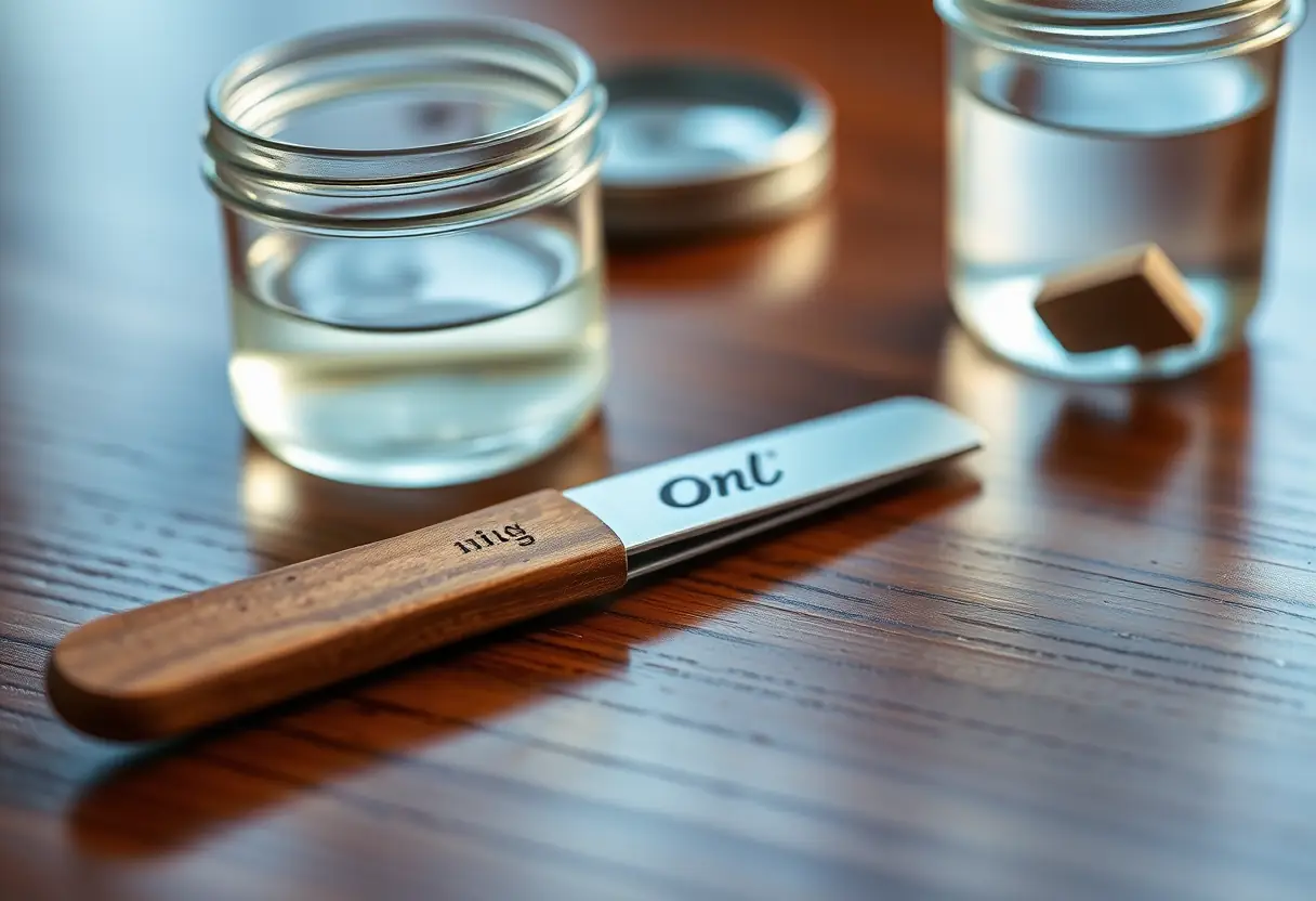 Outils de soin des ongles sur une table en bois poli, sans texte