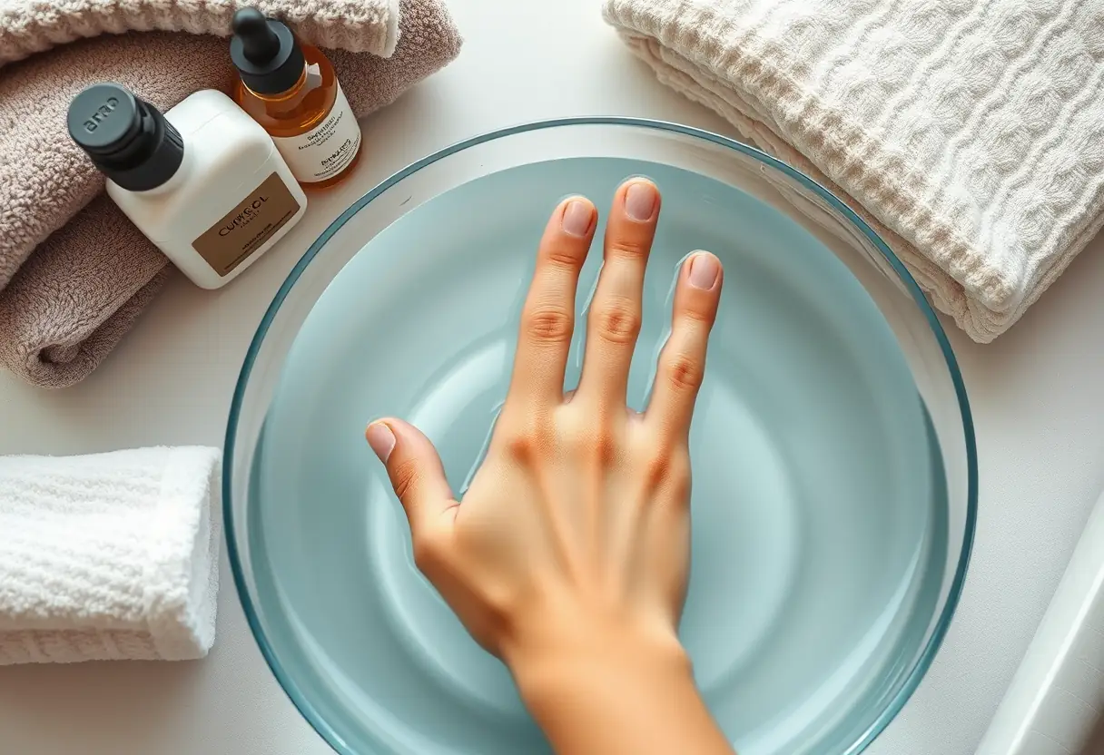 Main dans un bac d'eau chaude, avant la prise en charge des ongles