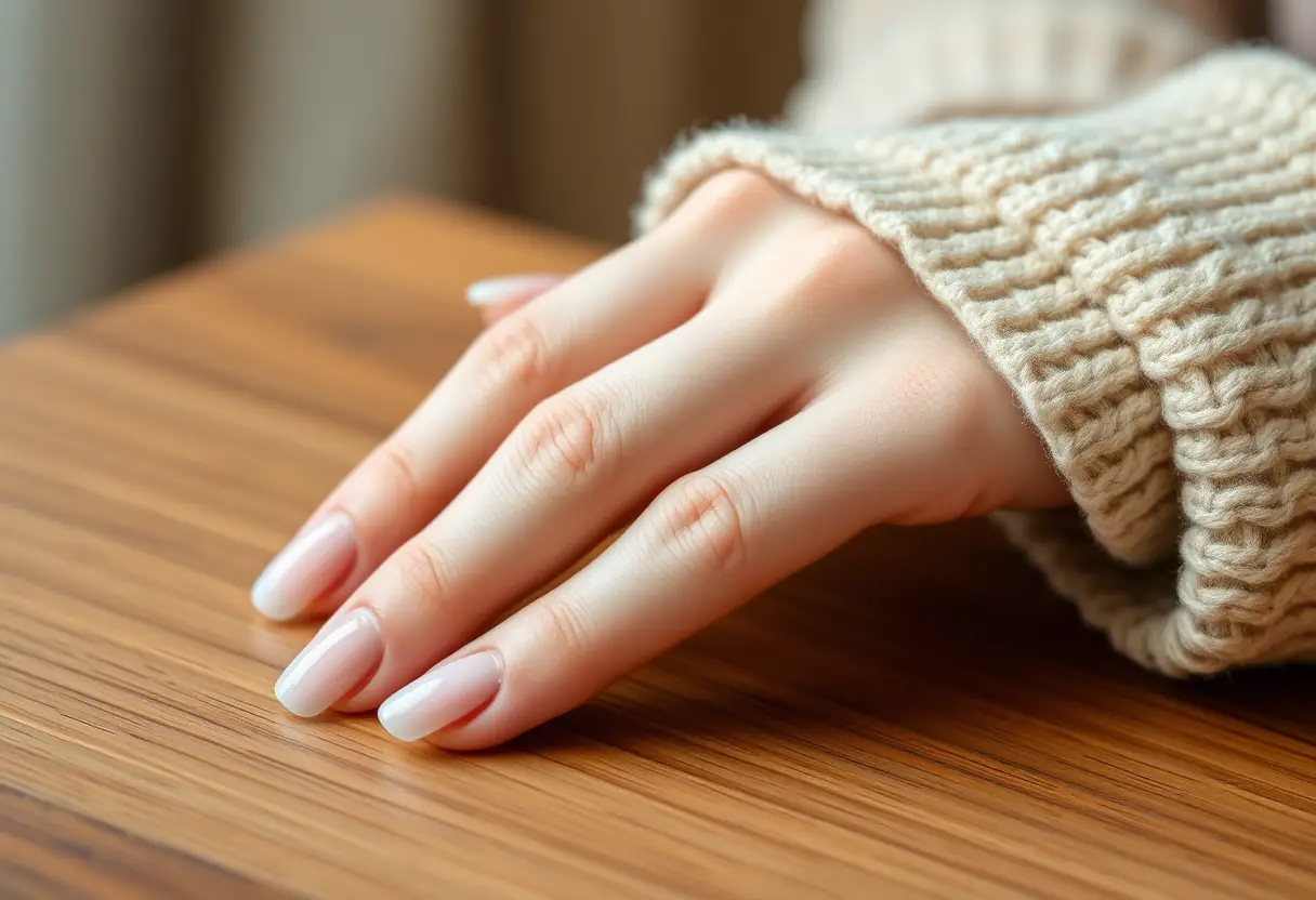 Des mains d'une cliente avec des ongles taillés en forme d'amande grâce au polygel, naturels et solides