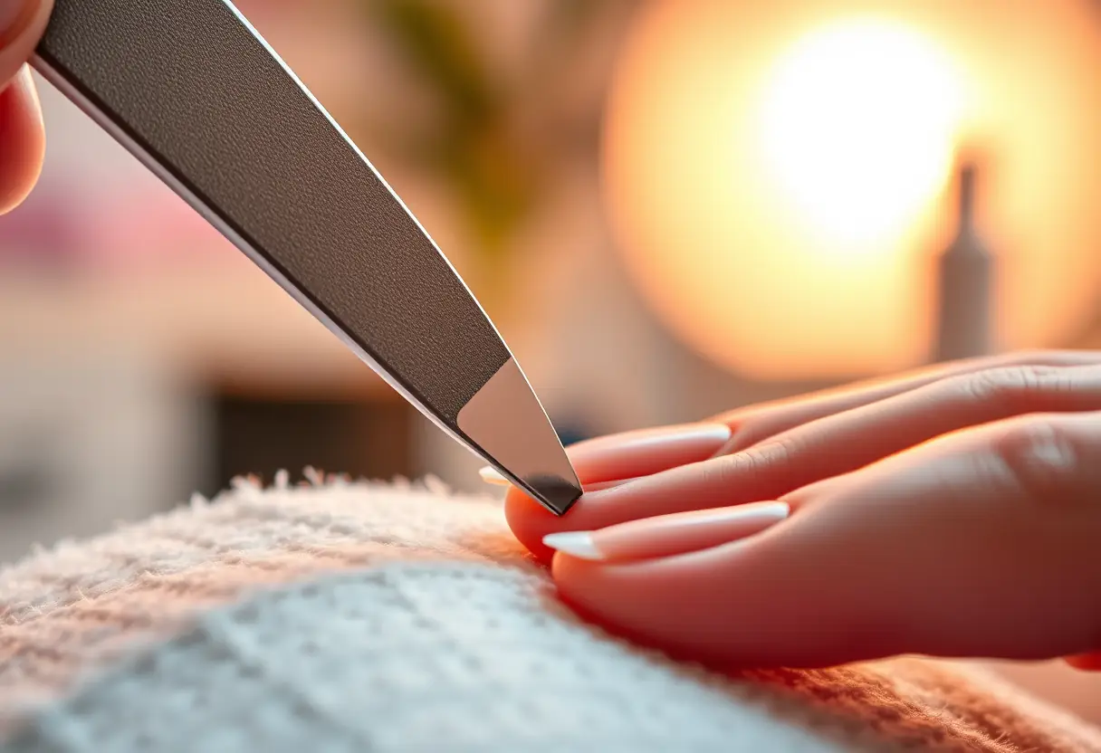 Un coupe-ongles utilisé pour lisser des ongles en polygel fraîchement appliqués dans un salon douillet