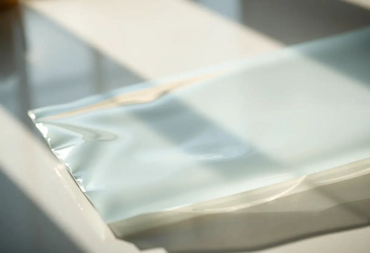 Feuille de polygel sur une table, mettant en valeur sa transparence et sa texture naturelle