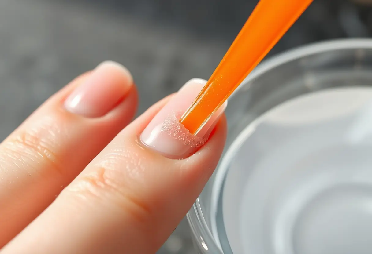 Ongle naturel avec une couche mince de polygel restant, en train d'être gratté délicatement