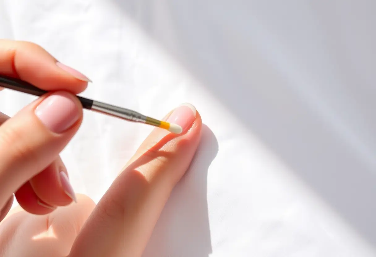 Main en train d'appliquer une couche de top coat clair sur un ongle en forme d'amande, éclairée naturellement