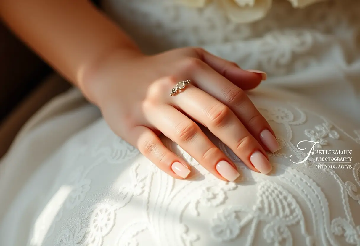 Main de future mariée reposant sur un oreiller en dentelle, avec des ongles gélifiés nus et élégants