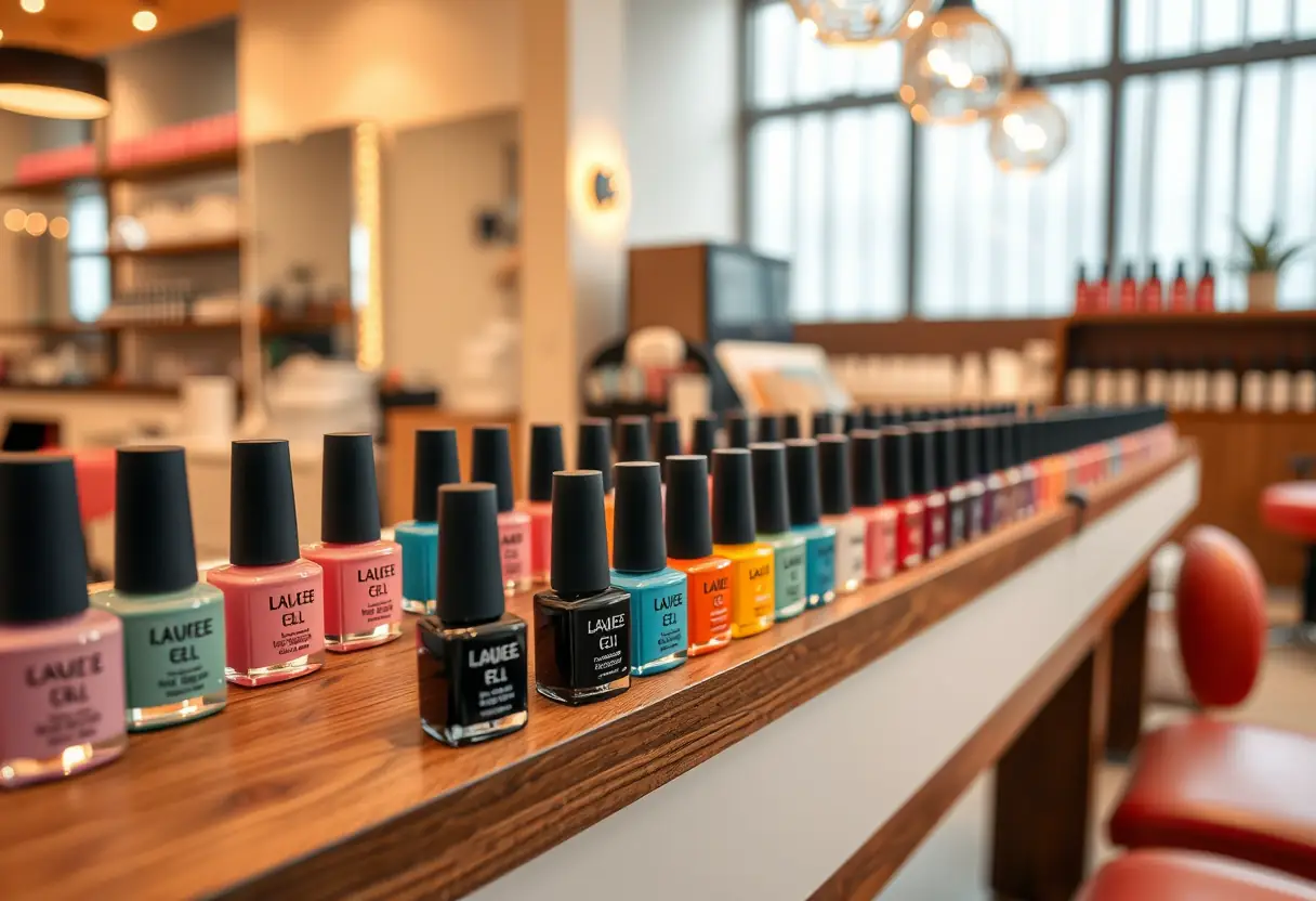 Station de manucure dans un salon d'ongles avec des potes de polish gel de différentes couleurs arrangeés sur une étagère en bois