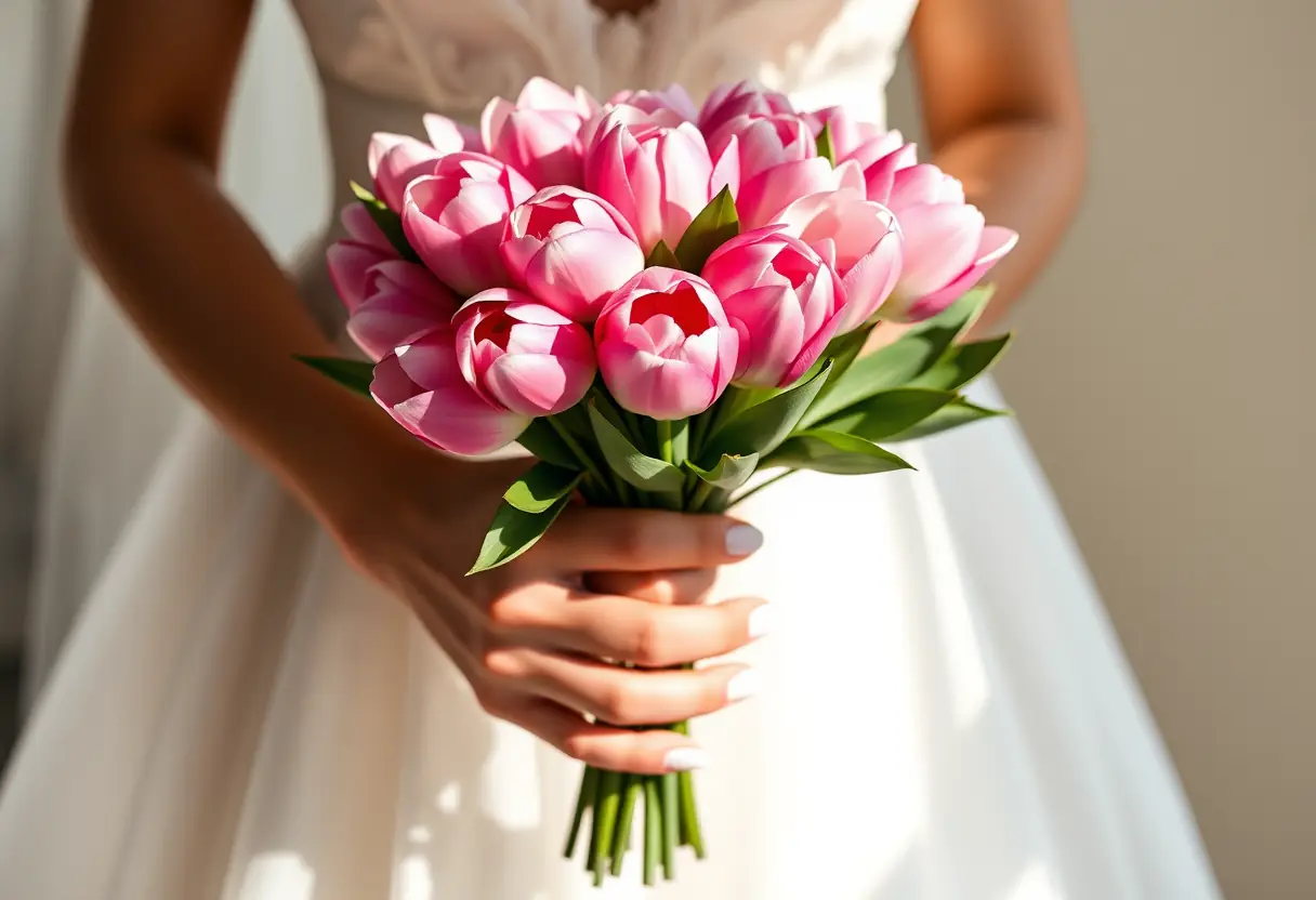 Main de mariée tenant un bouquet de pivoines avec ses ongles bien entretenus