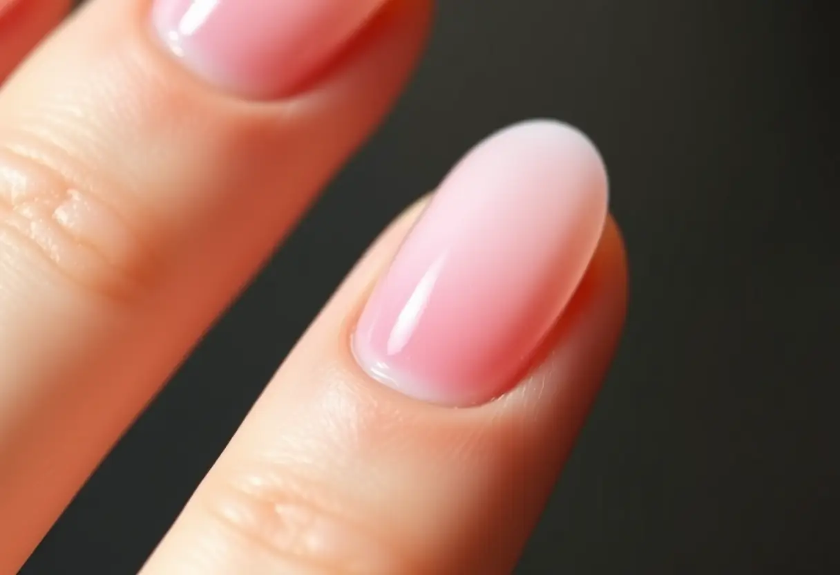 Ongles en amande avec pointe française rosée, subtile irisation