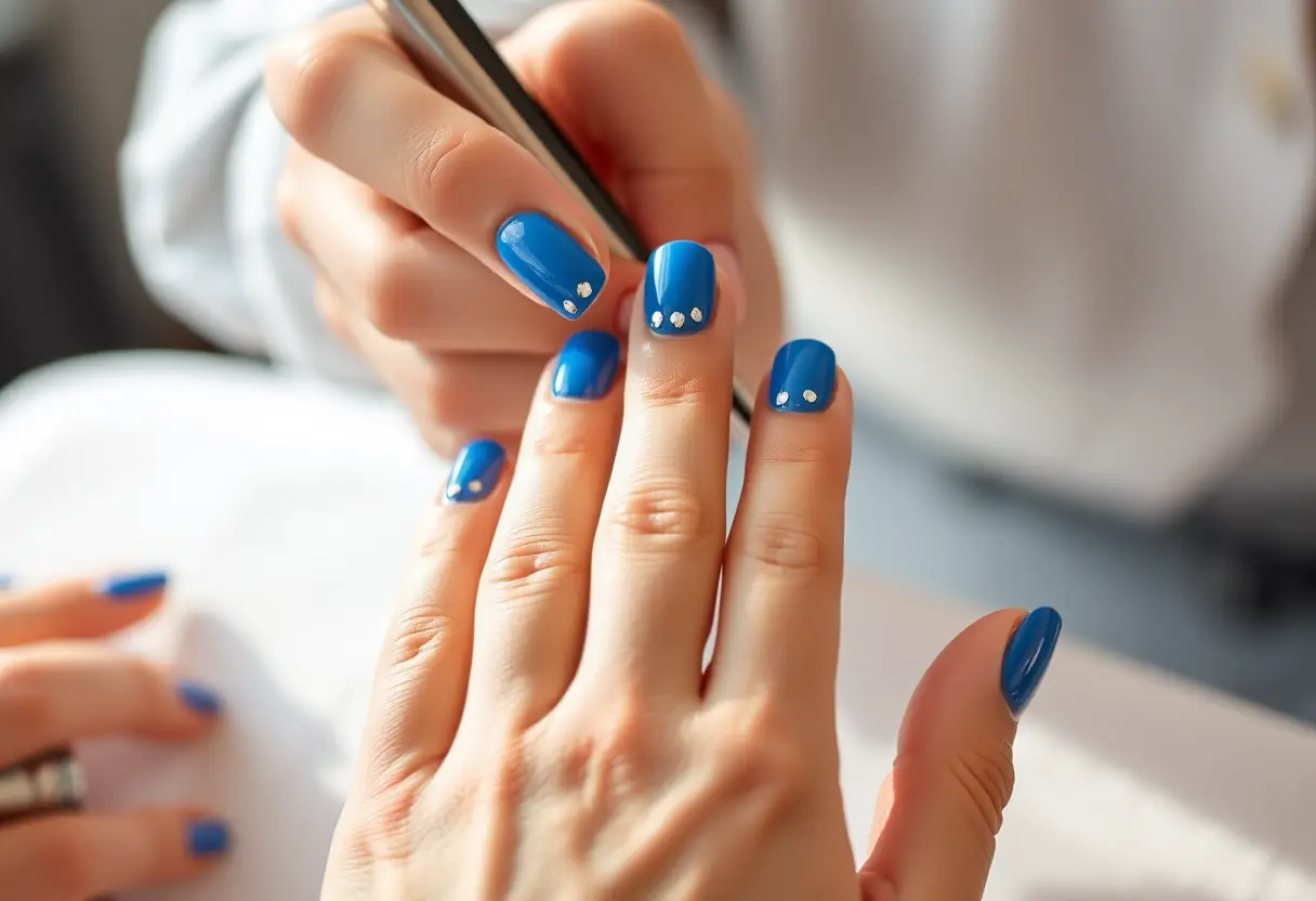 Vernis bleu vif avec paillettes argentées, main de cliente