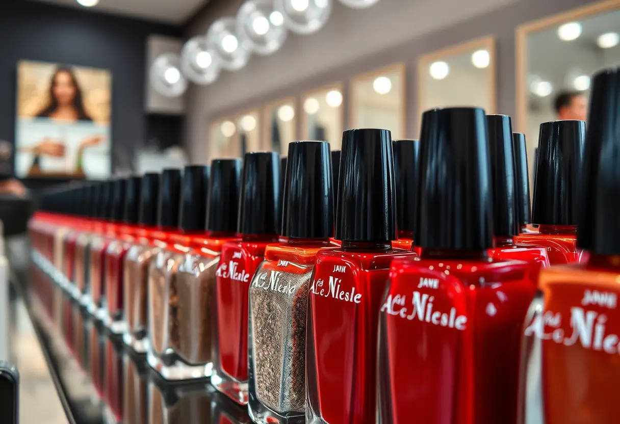 Bouteilles de vernis d'hiver alignées dans un salon de manucure
