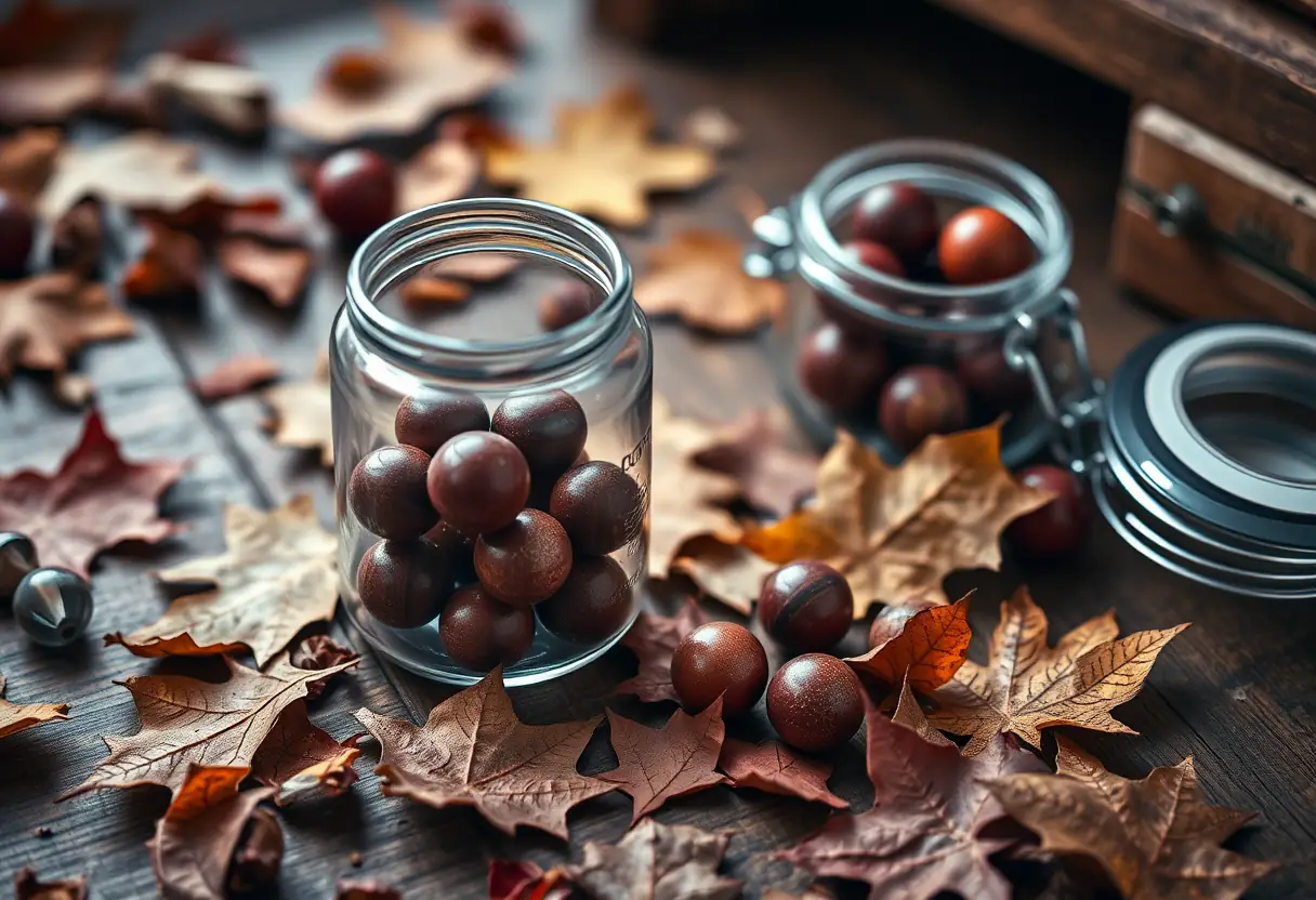 Un bureau en bois couvert de feuilles d'automne et un pot rempli de billes colorées en bordeaux et moka