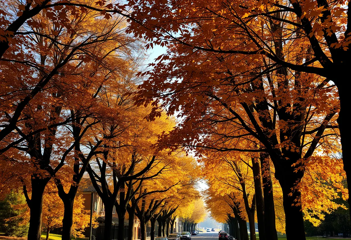 Une rue bordée d'arbres dont les feuilles sont dorées et brunes, sous la lumière du soleil qui filtre entre les branches
