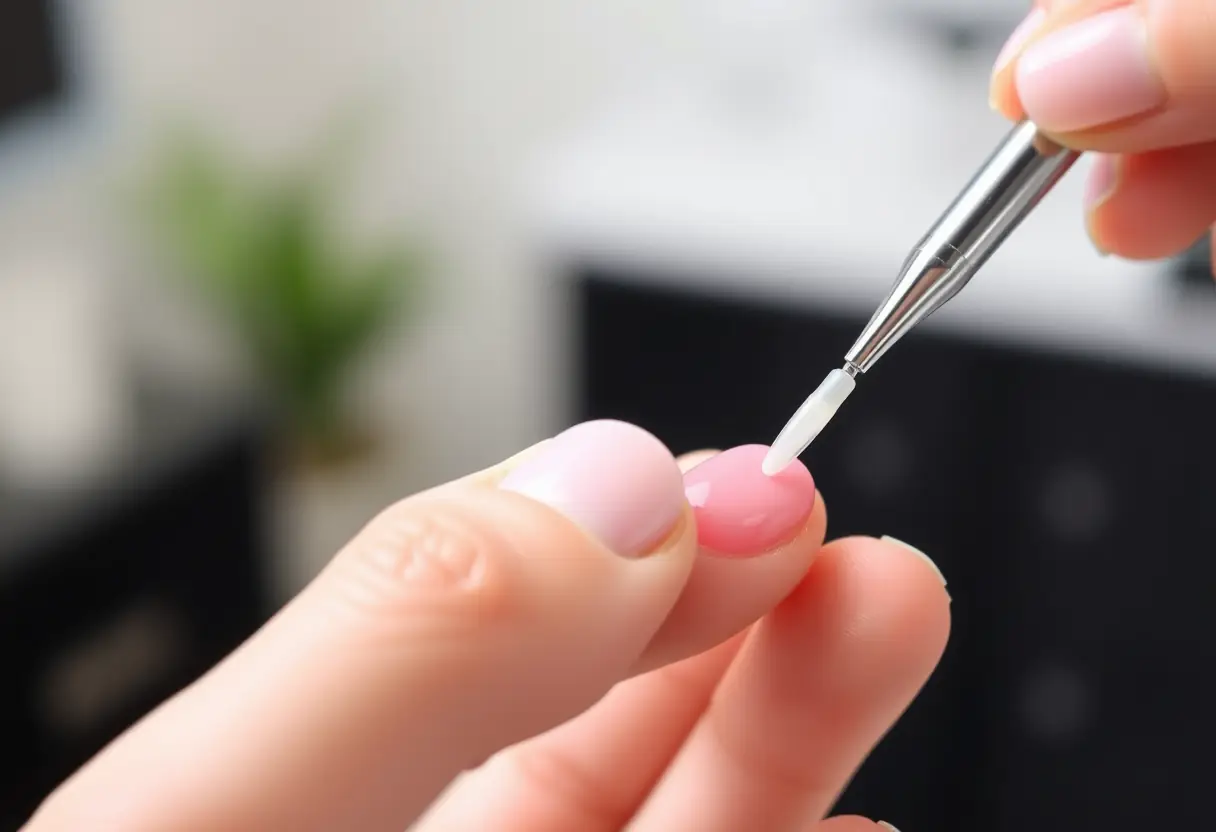 Main tenant un petit pinceau pour appliquer du gel sur l'ongle artificiel