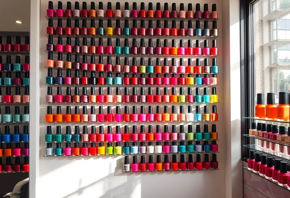 Un mur de salon décoré de bouteilles de vernis de diverses couleurs, éclairées par la lumière du soleil entrant par une fenêtre voisine