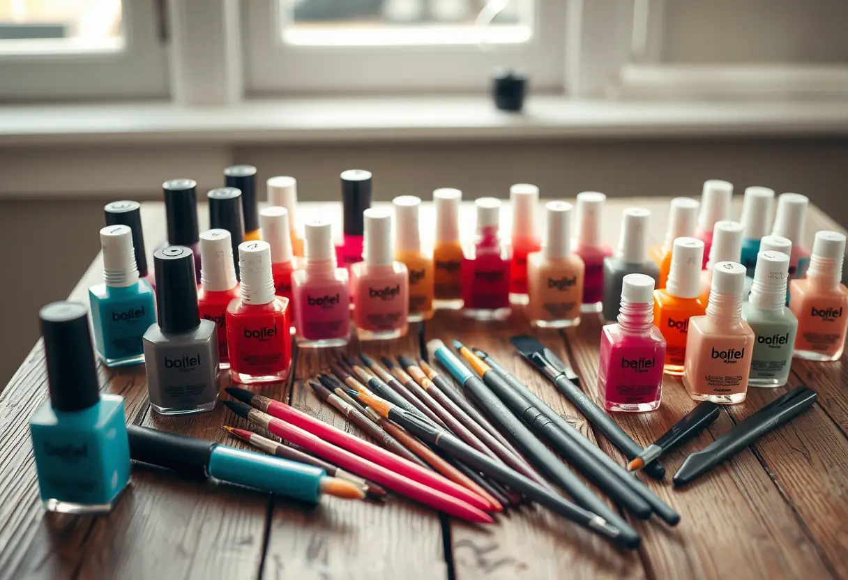 Ongles et pinceaux disposés sur un bureau avec des pots de polish, beauté des mains