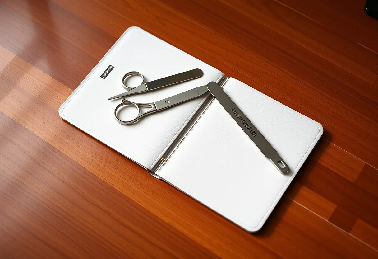 Un kit de manucure professionnel sur un bureau en bois, avec des ciseaux et un lime à ongles